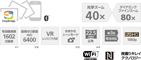 光学ズーム 40× / ダイナミックファインズーム 80× / 有効画素数 1602万画素 ※1 / 最高ISO感度 ISO 6400 ※2 / VR レンズシフト方式 / おまかせシーンモード ※3 / 22.5mm 広角 ※4 / 単3形電池対応 / Fuji HD 1080p