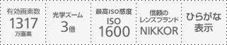 有効画素数1317万画素 / 光学ズーム3倍 / 最高ISO感度 ISO1600 / 信頼のレンズプランドNIKKOR / ひらがな表示