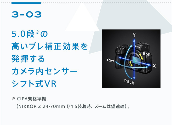 3-03 約5.0段※の高いブレ補正効果を発揮するカメラ内センサーシフト式VR