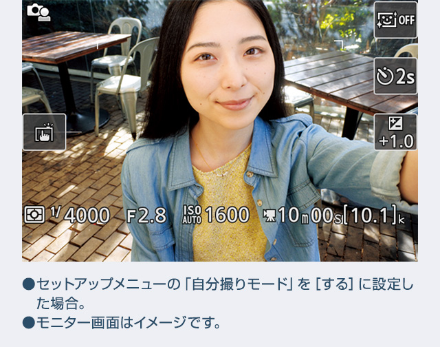 ●セットアップメニューの「自分撮りモード」を［する］に設定した場合。●モニター画面はイメージです。